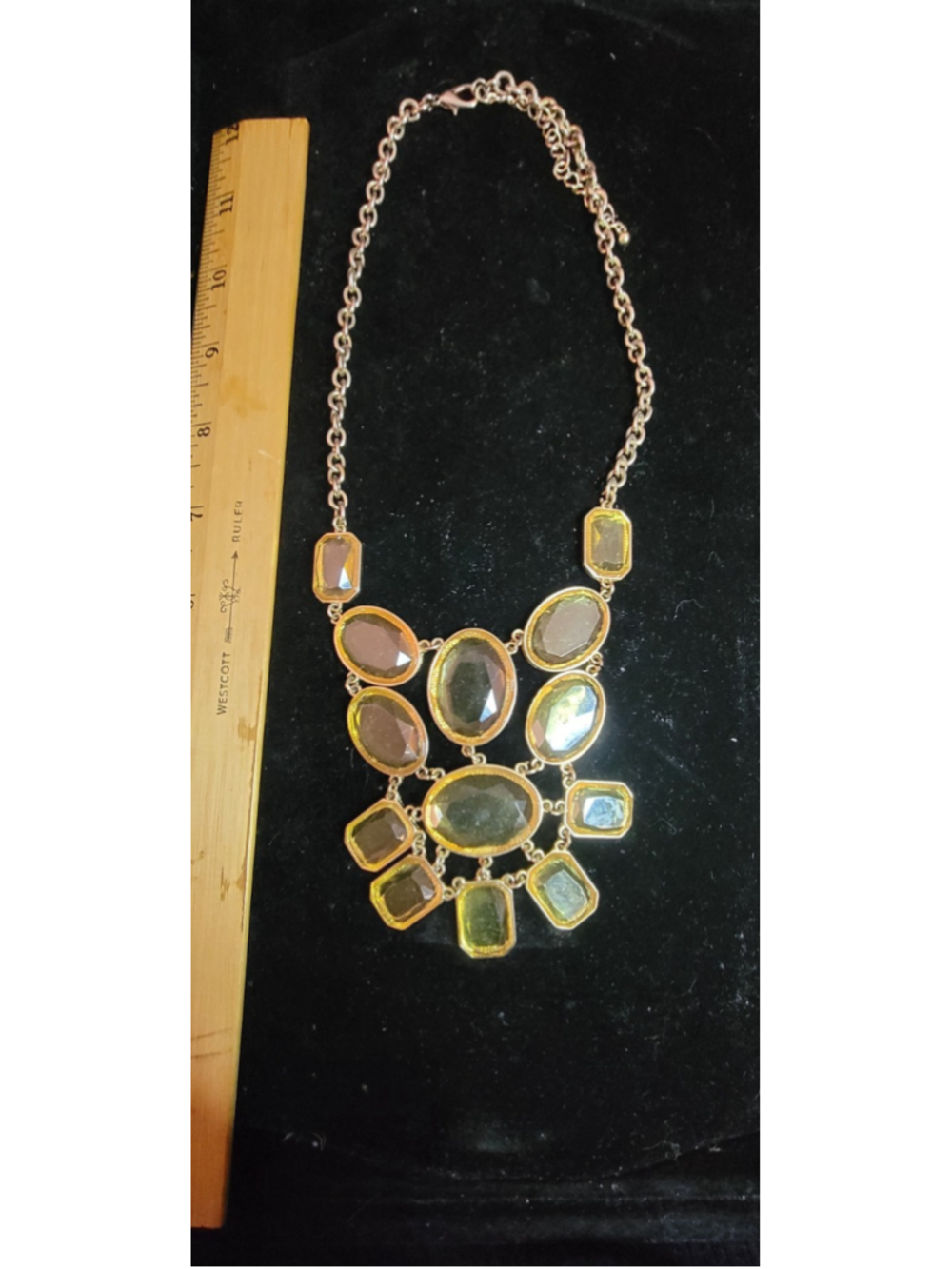 Gold Tone Statement Necklace Smoky Glass‎ Bib Necklace Chunky Faceted Stones